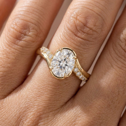 Oval Solitaire with Twisted Pavé Band Moissanite Engagement Ring - Moissanite Engagement Rings