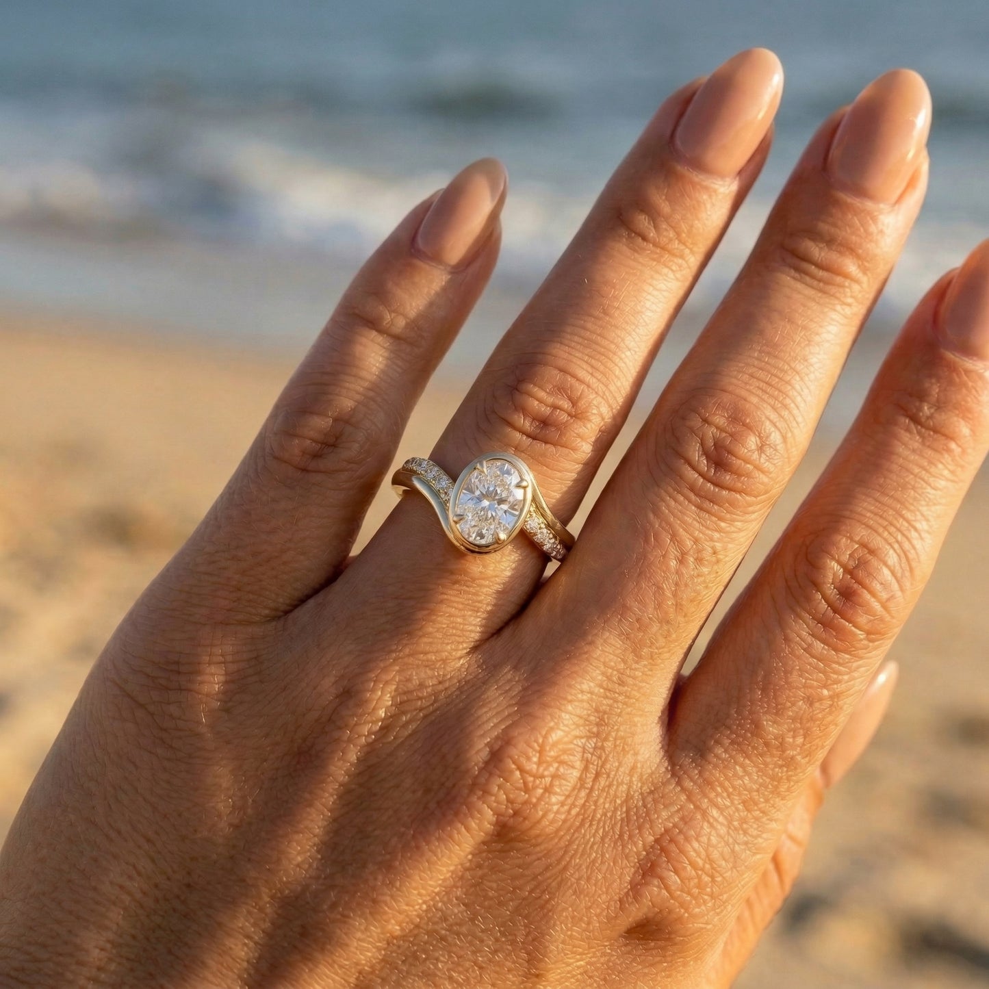 Oval Solitaire with Twisted Pavé Band Moissanite Engagement Ring - Moissanite Engagement Rings