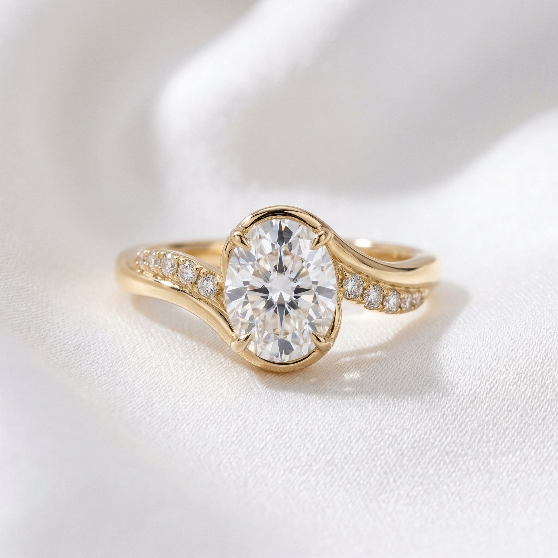 Oval Solitaire with Twisted Pavé Band Moissanite Engagement Ring - Moissanite Engagement Rings