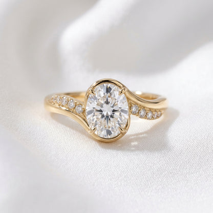 Oval Solitaire with Twisted Pavé Band Moissanite Engagement Ring - Moissanite Engagement Rings
