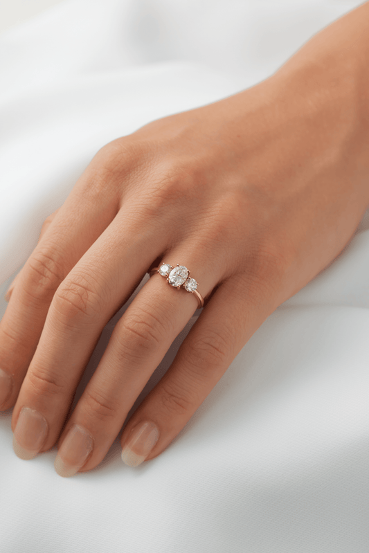 Oval Trilogy Round Setting Moissanite Engagement Ring - Ready To Ship - Moissanite Engagement Rings