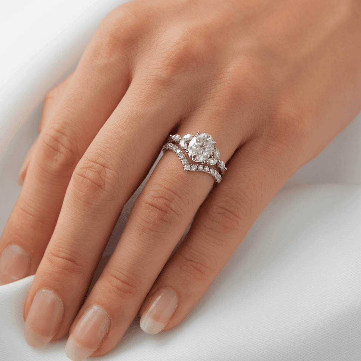 Oval Triple Marquise Accent Stones Diamond Engagement Ring - Moissanite Engagement Rings