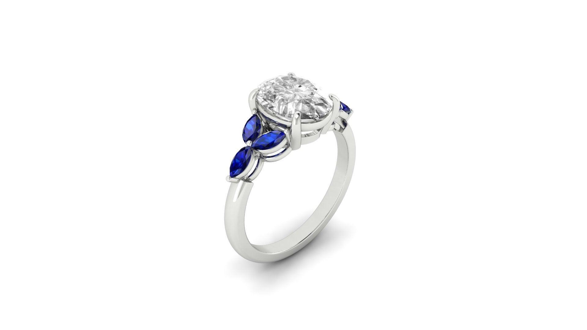 Oval Triple Marquise Accent Stones Blue Moissanite Engagement Ring - Moissanite Engagement Rings