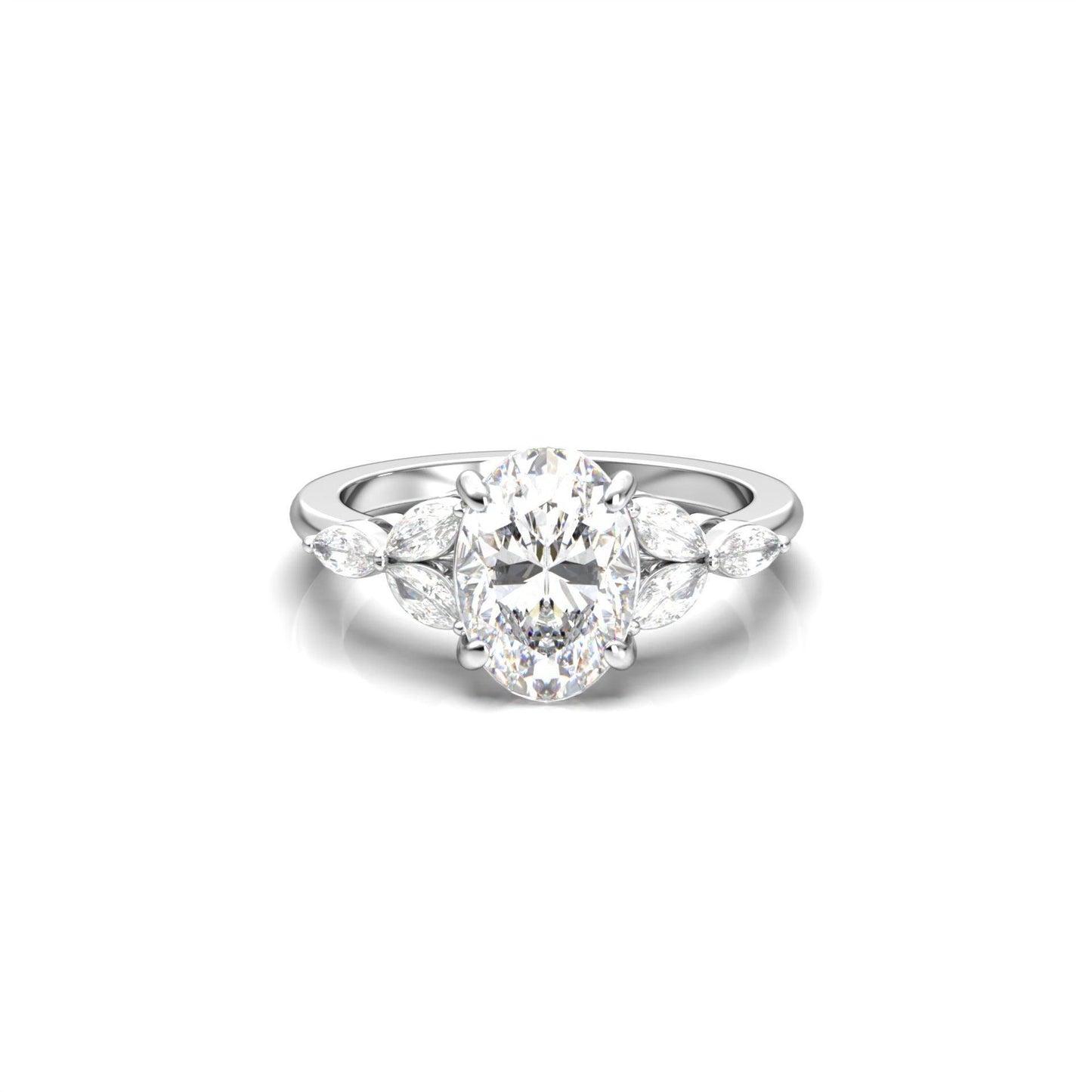 Oval Triple Marquise Accent Stones Diamond Engagement Ring - Moissanite Engagement Rings