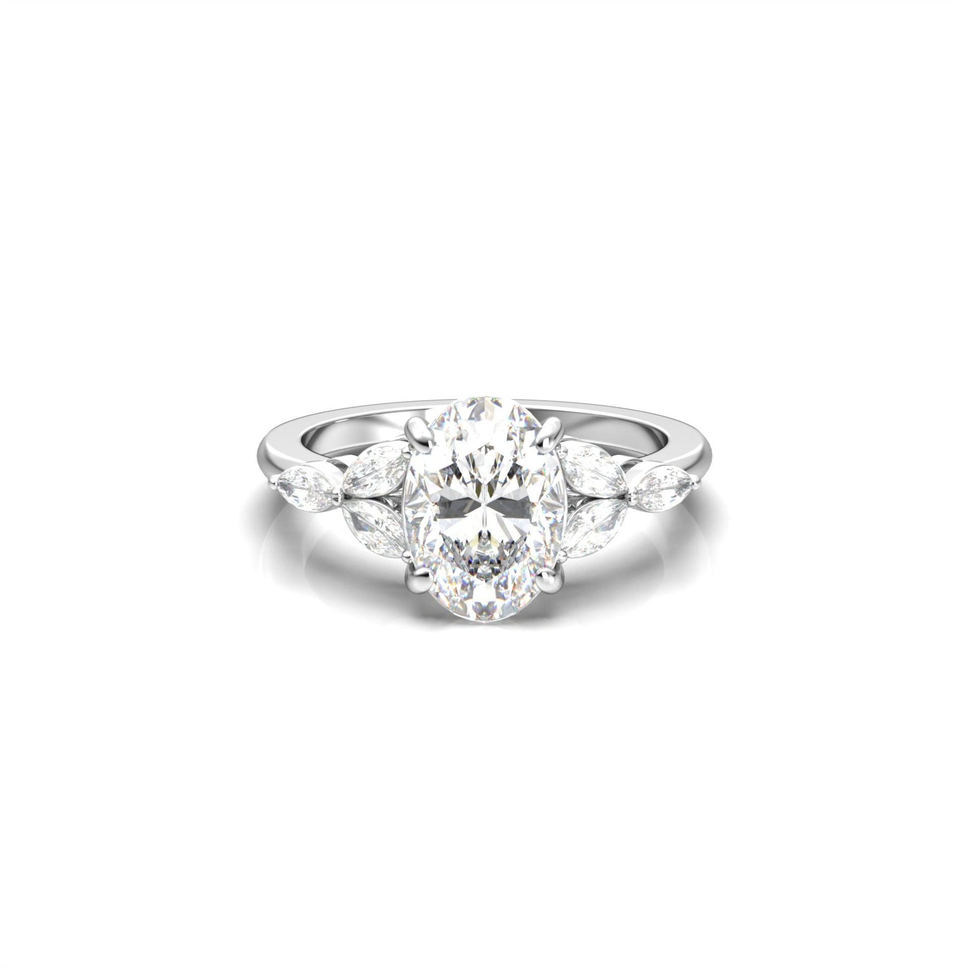 Oval Triple Marquise Accent Stones Diamond Engagement Ring - Moissanite Engagement Rings