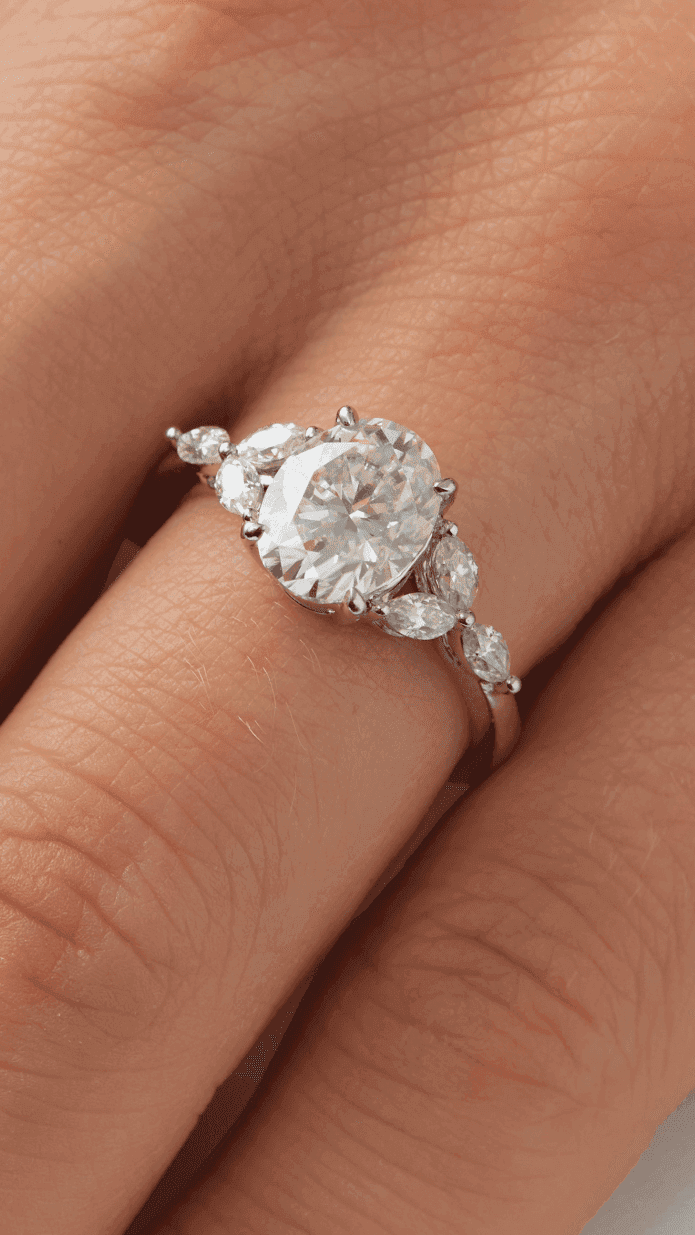Oval Triple Marquise Accent Stones Diamond Engagement Ring - Moissanite Engagement Rings