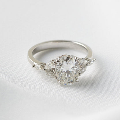 Oval Triple Marquise Accent Stones Moissanite Engagement Ring - Moissanite Engagement Rings