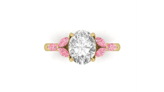 Oval Triple Marquise Accent Stones Pink Moissanite Engagement Ring - Moissanite Engagement Rings