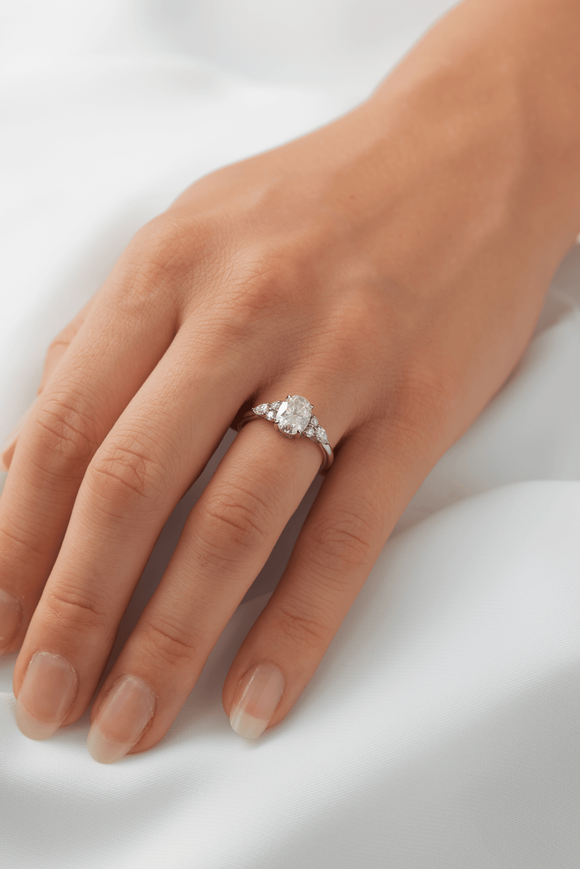 Oval Triple Side Stone Diamond Engagement Ring - Moissanite Engagement Rings