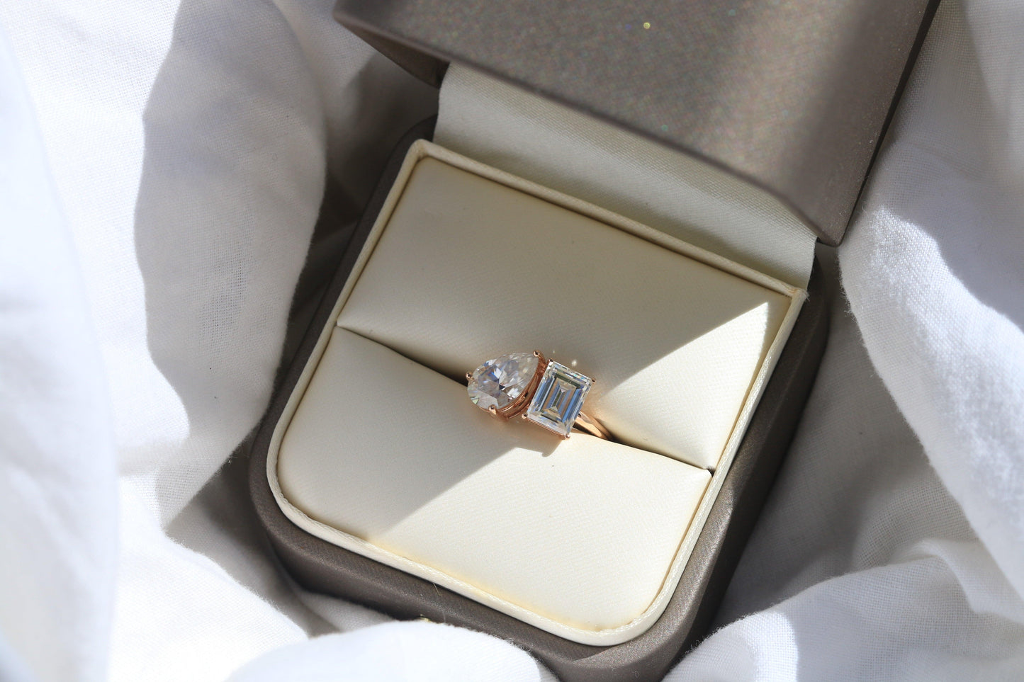 Pear And Emerald Cut Two-Stone Moissanite Engagement Ring - moissaniteengagementrings
