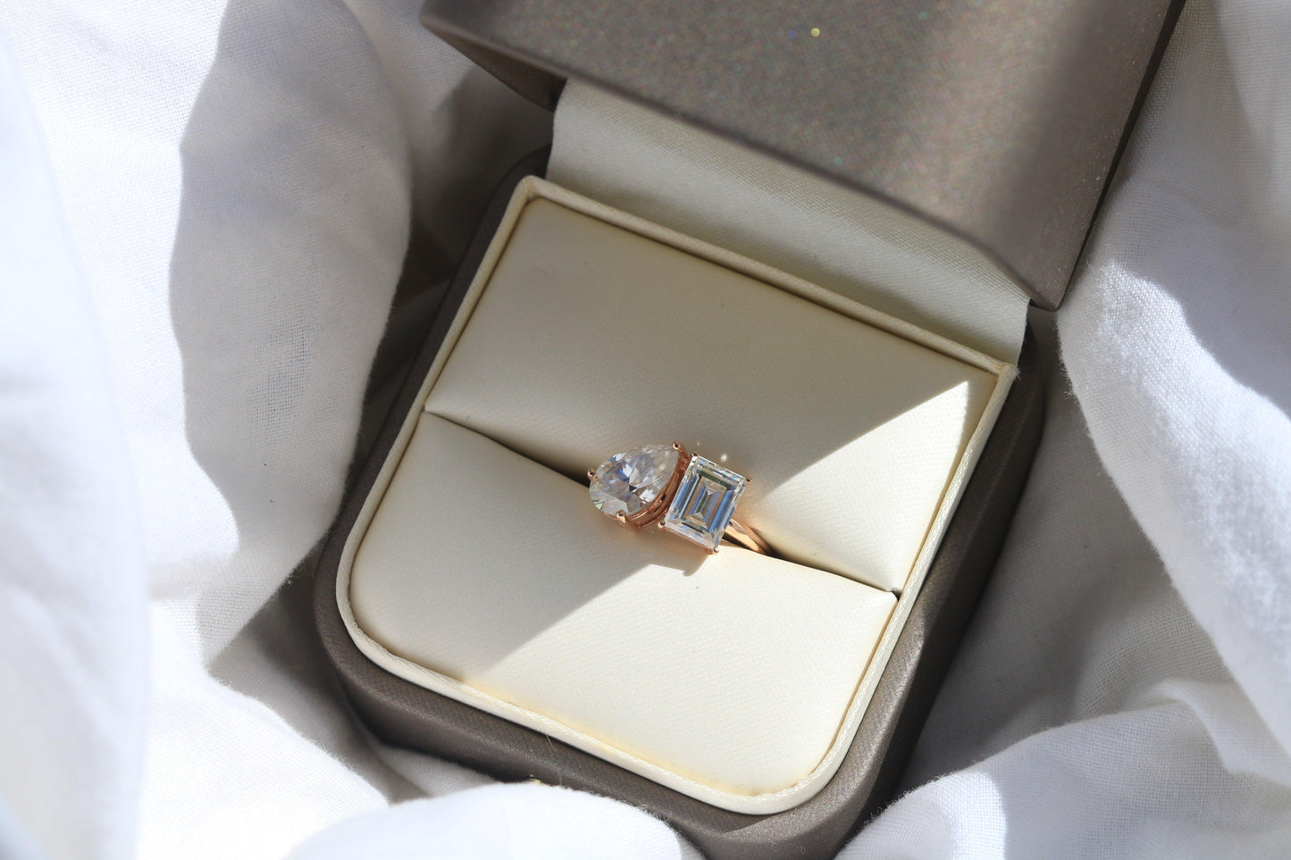 Pear & Emerald Two-Stone Moissanite Engagement Ring - Moissanite Engagement Rings
