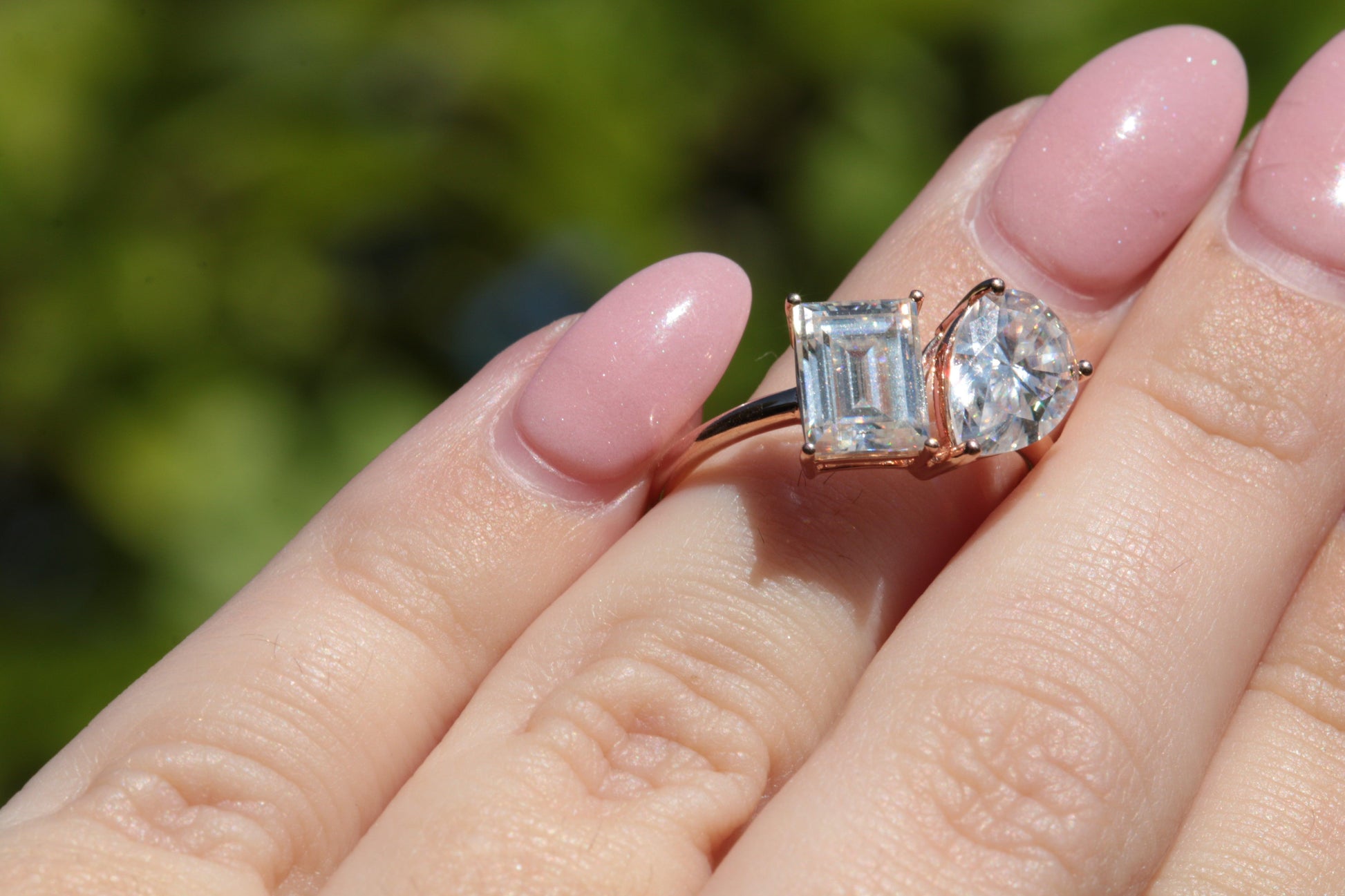Pear & Emerald Two-Stone Moissanite Engagement Ring - Moissanite Engagement Rings