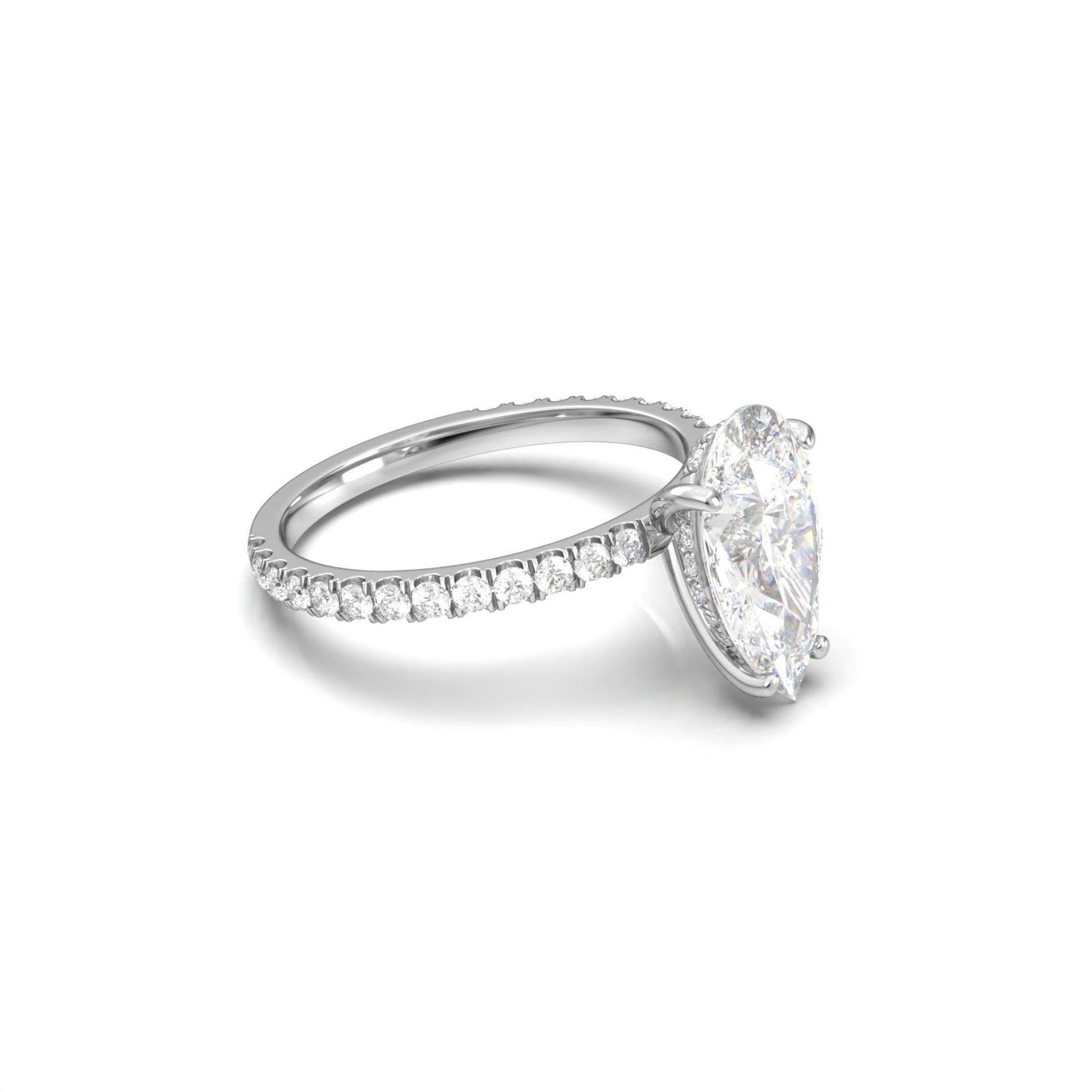 Pear Cut 4 Claw With Half Pavé And Hidden Halo Moissanite Engagement Ring - Moissanite Engagement Rings