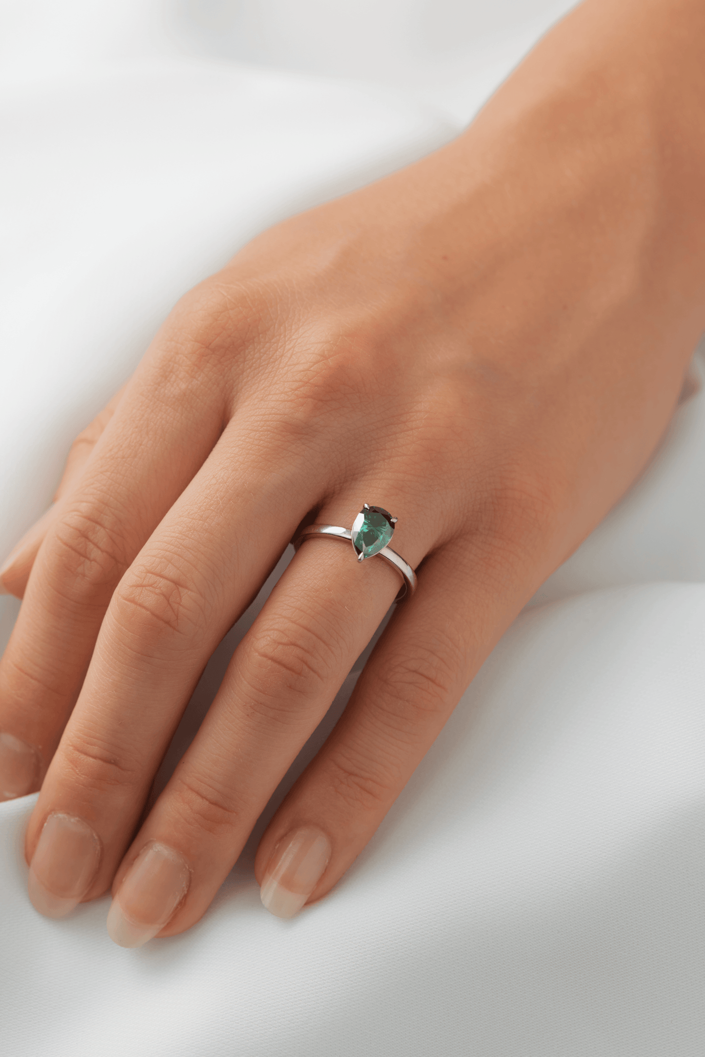 Pear Cut Solitaire Dark Emerald Moissanite Engagement Ring - Ready To Ship - Moissanite Engagement Rings