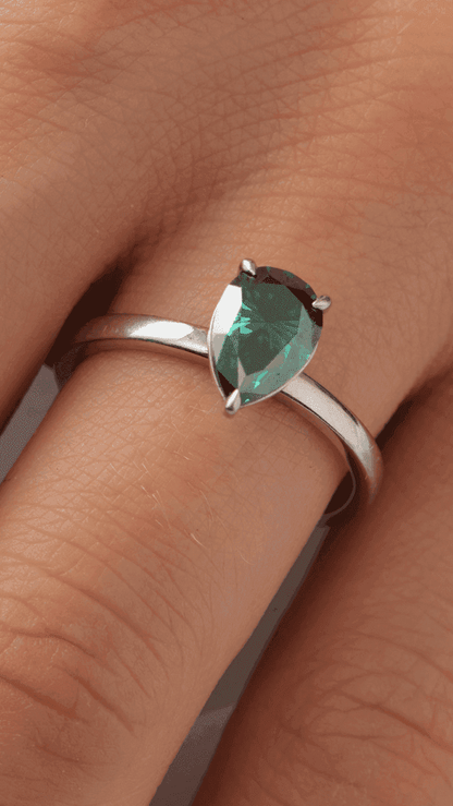 Pear Solitaire Dark Emerald Moissanite Engagement Ring - Ready To Ship - Moissanite Engagement Rings