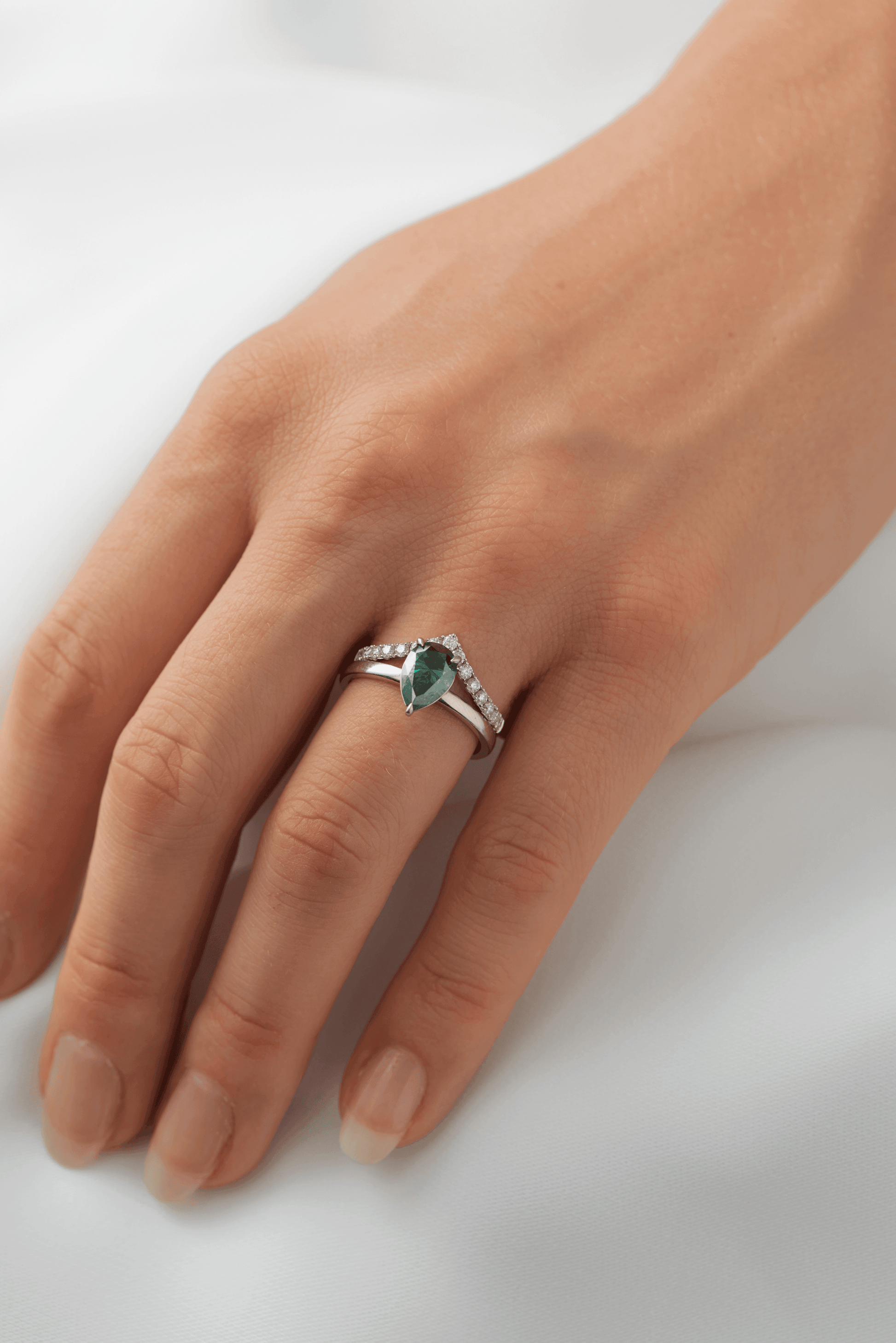 Pear Solitaire Dark Emerald Moissanite Engagement Ring - Ready To Ship - Moissanite Engagement Rings