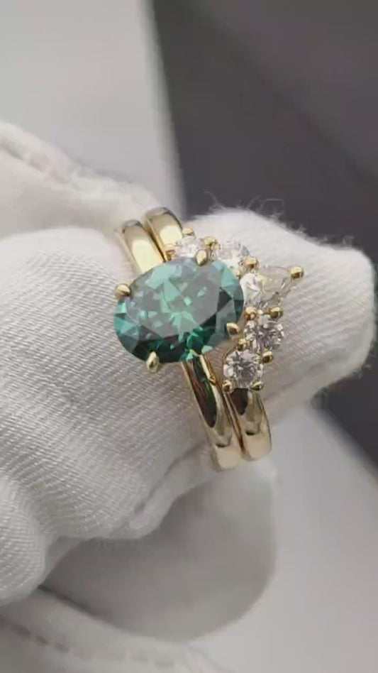 Oval Green Solitaire with Curved Cluster Wedding Band