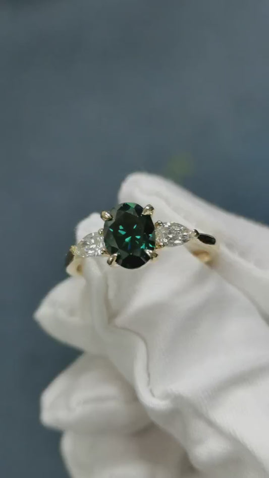 Oval Green Leaf Setting Moissanite Engagement Ring