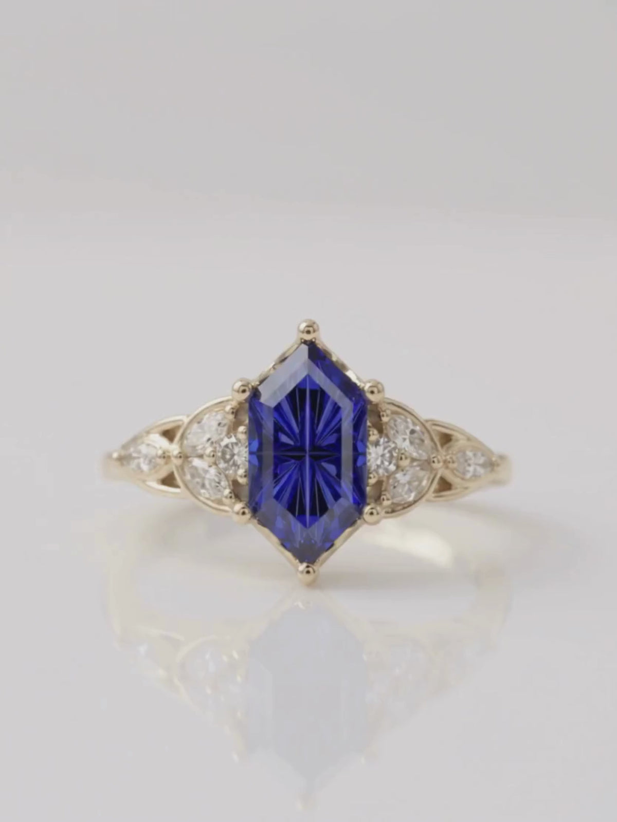 Karis - Dark Blue Sapphire with Round and Marquise Side Stones Moissanite Engagement Ring