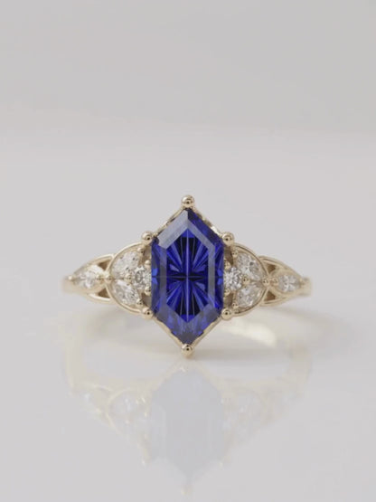 Karis - Dark Blue Sapphire with Round and Marquise Side Stones Moissanite Engagement Ring