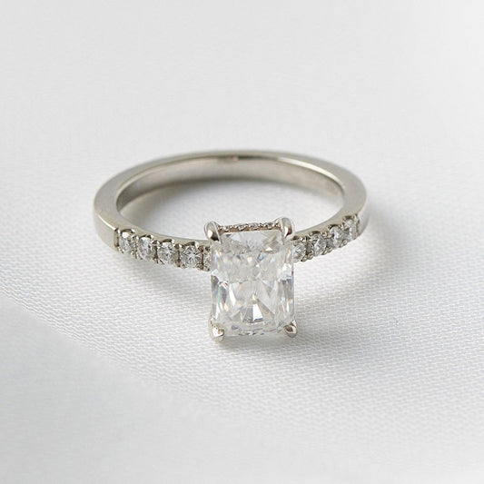 Radiant Cut With Hidden Halo & Semi Pave Moissanite Engagement Ring Ready To Ship - Moissanite Engagement Rings