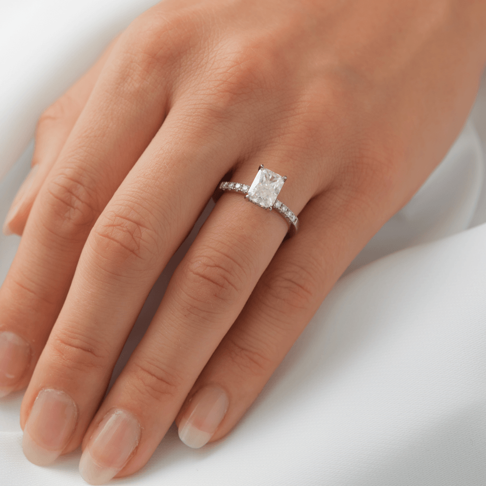 Radiant Cut With Hidden Halo & Semi Pave Moissanite Engagement Ring - Ready To Ship - Moissanite Engagement Rings