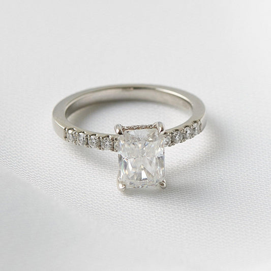 Radiant Hidden Halo & Semi Pave Moissanite Engagement Ring - Ready To Ship - Moissanite Engagement Rings