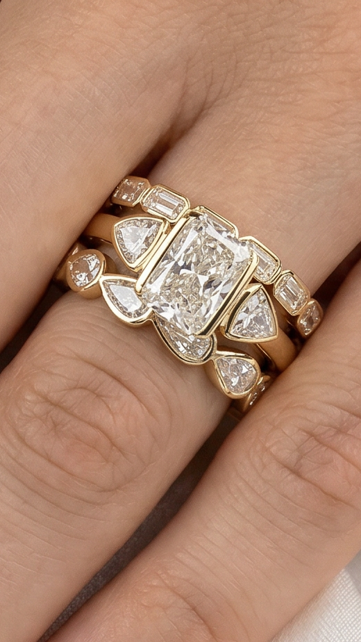 Radiant Trio Set with Pear & Emerald Bands Moissanite Engagement Ring