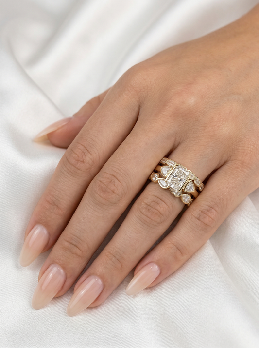 Radiant Trio Set with Pear & Emerald Bands Moissanite Engagement Ring