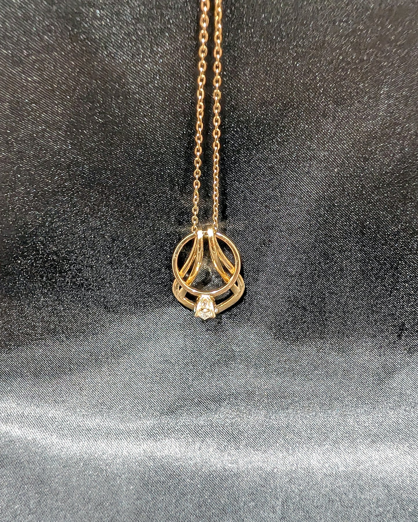 Gold Ring Holder Necklace with engagement ring, full pendant view