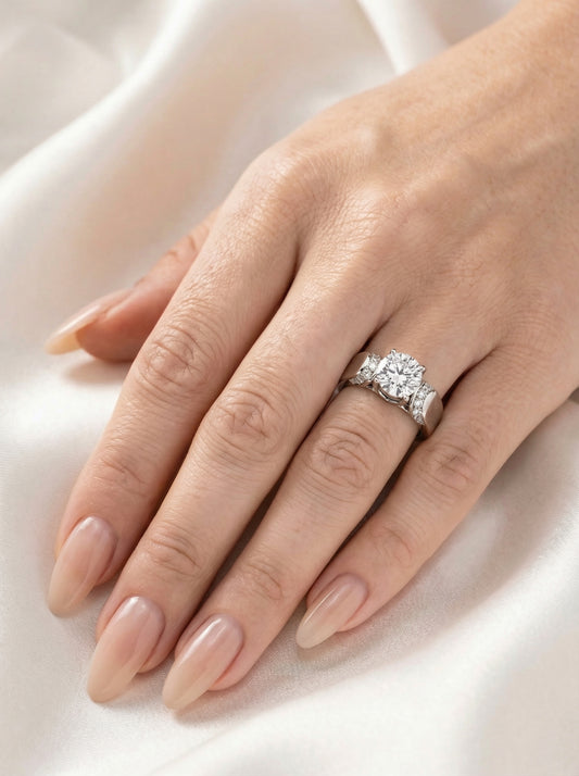 Round Bezel with Shoulder Accent Stones Solitaire Moissanite Engagement Ring