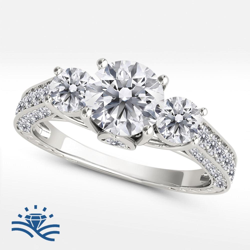 Round Cut Trilogy Hidden Halo Micro-Pavé Moissanite Engagement Ring - Moissanite Engagement Rings