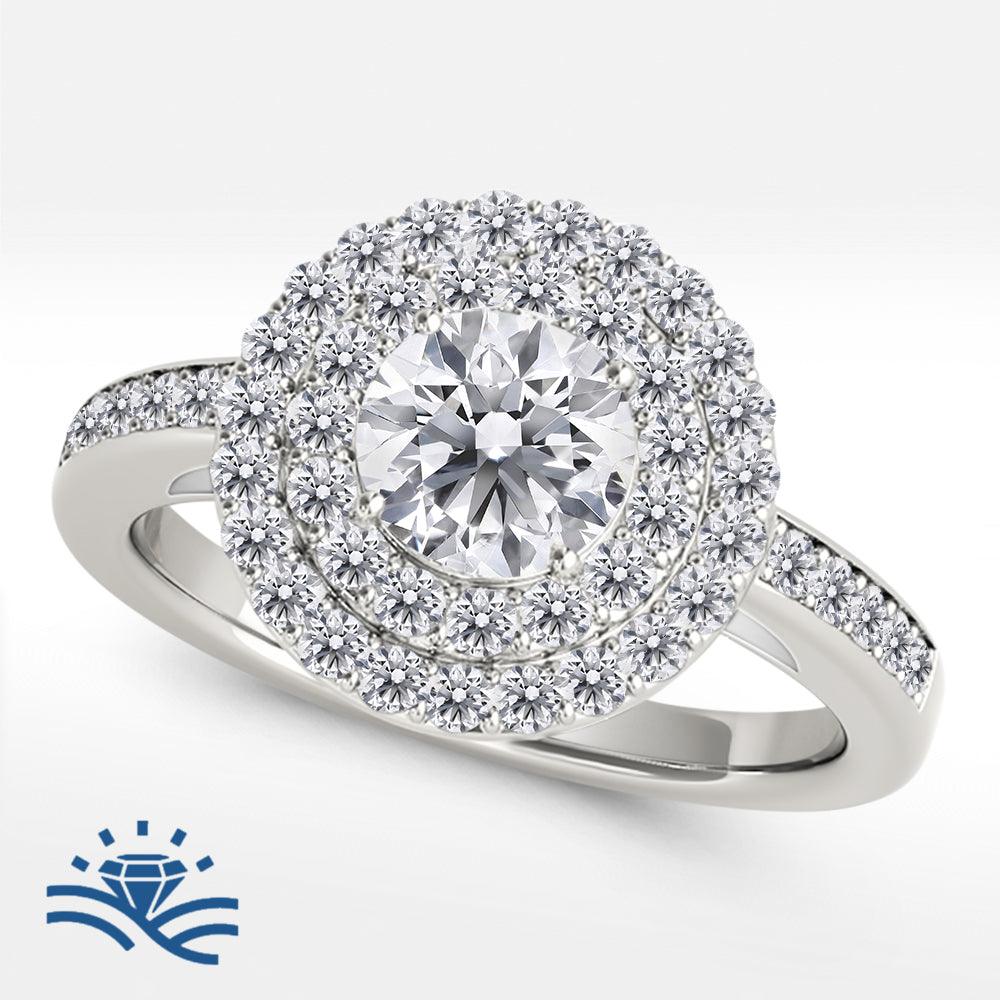 Round Double Halo Single Row Half Pavé Solitaire Moissanite Engagement Ring - Moissanite Engagement Rings