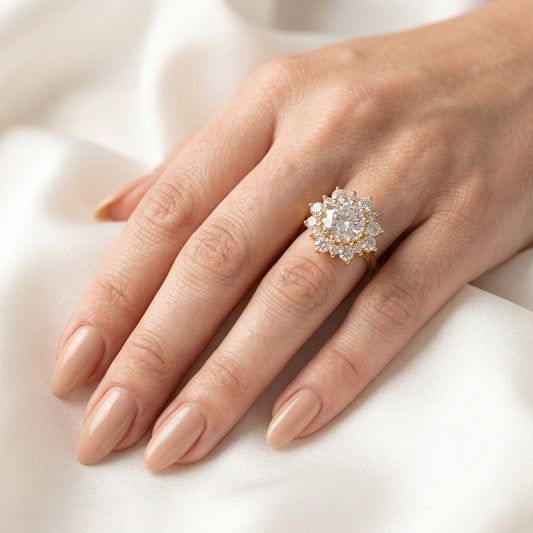 Round Floral Halo Moissanite Engagement Ring