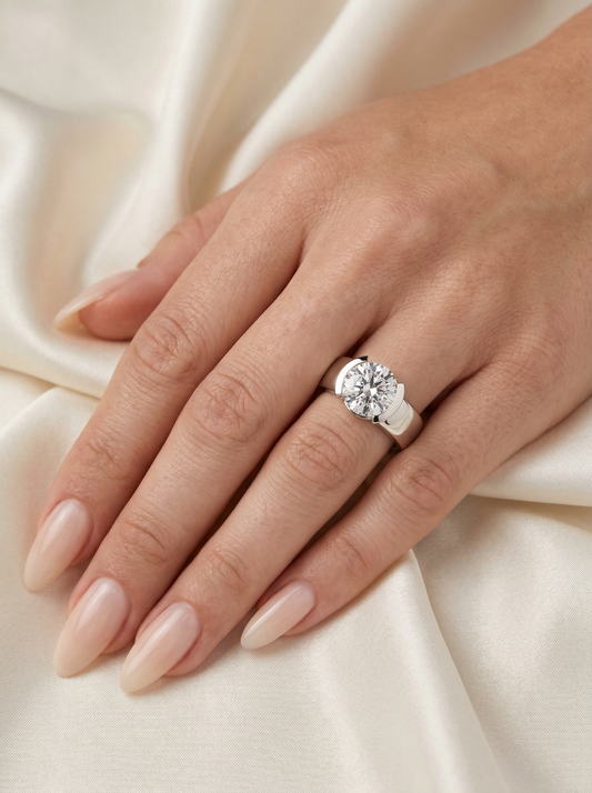 Round Half Bezel Solitaire Moissanite Engagement Ring