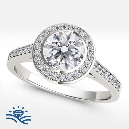 Round Halo Single Row Half Pavé Moissanite Engagement Ring - Moissanite Engagement Rings