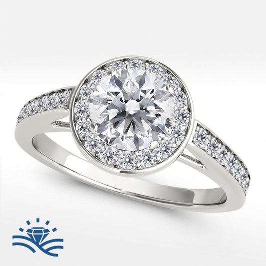 Round Halo Single Row Half Pavé Moissanite Engagement Ring - Moissanite Engagement Rings