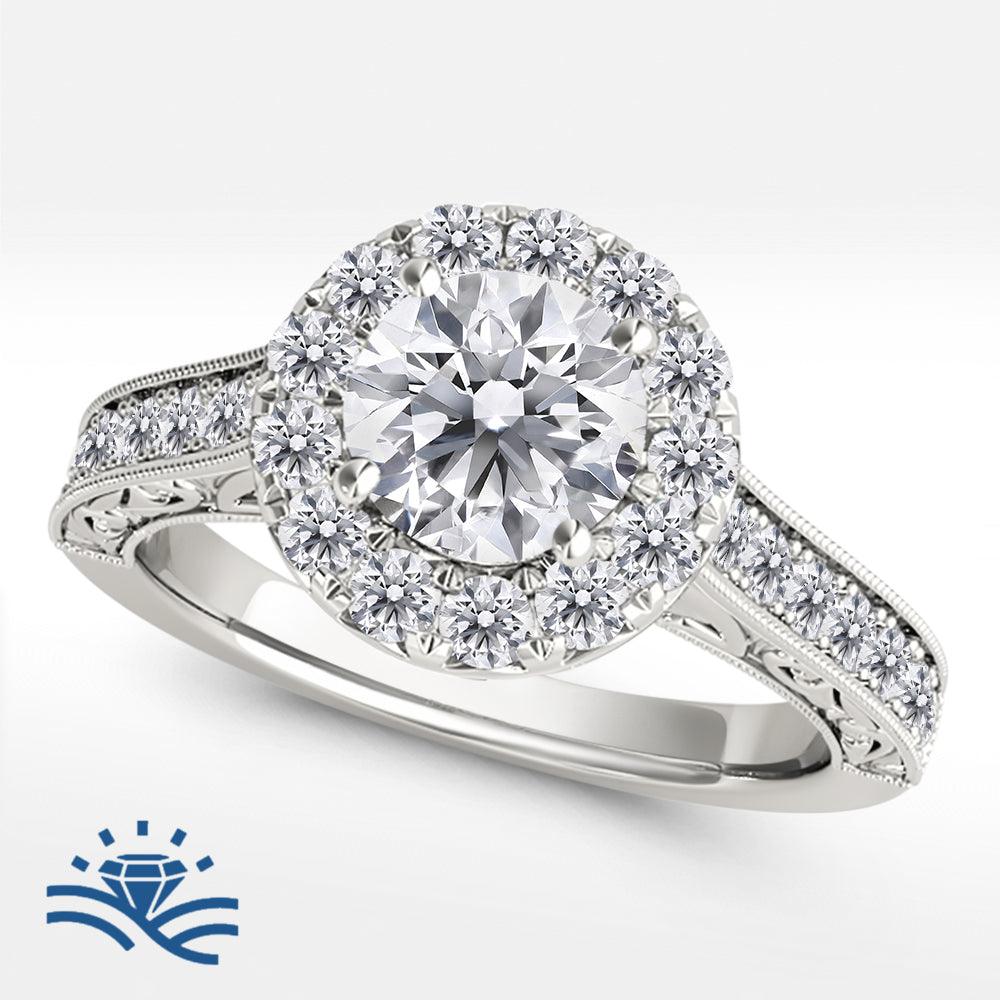 Round Halo Trellis Half Pavé Moissanite Engagement Ring - Moissanite Engagement Rings