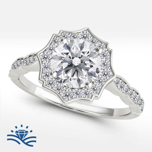 Round Scalloped Halo Half Pavé Moissanite Engagement Ring - Moissanite Engagement Rings