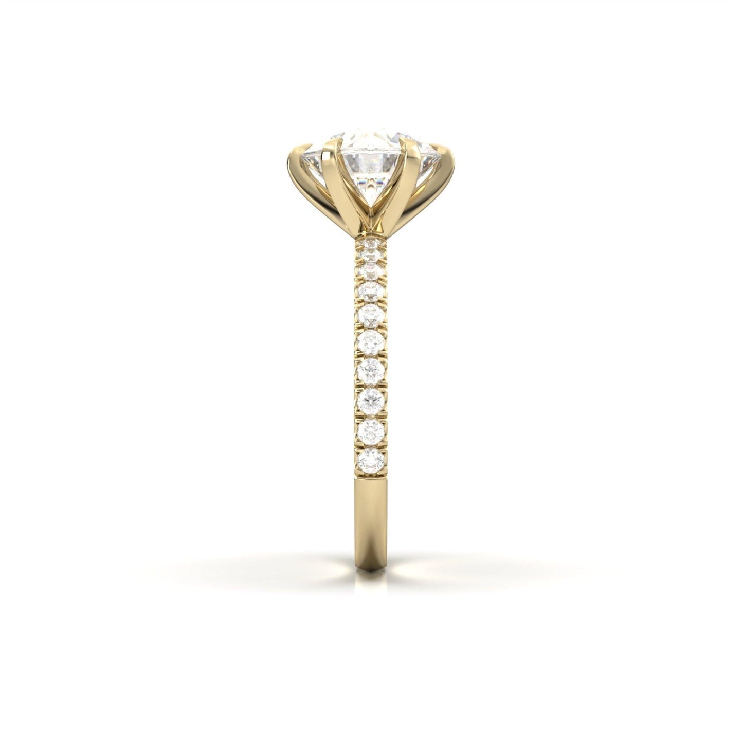 Round Solitaire 6 Claw Half Pavé Moissanite Ring - Moissanite Engagement Rings
