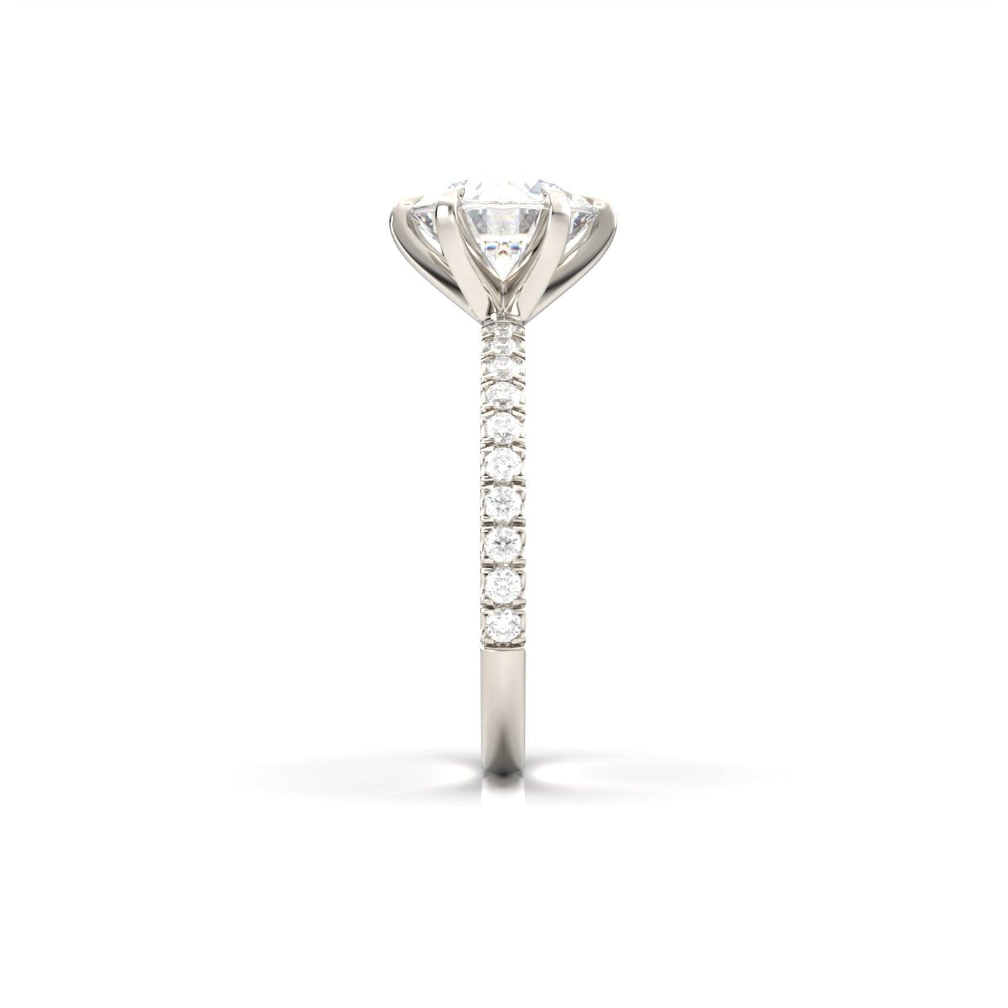 Round Solitaire 6 Claw Half Pavé Moissanite Ring - Moissanite Engagement Rings