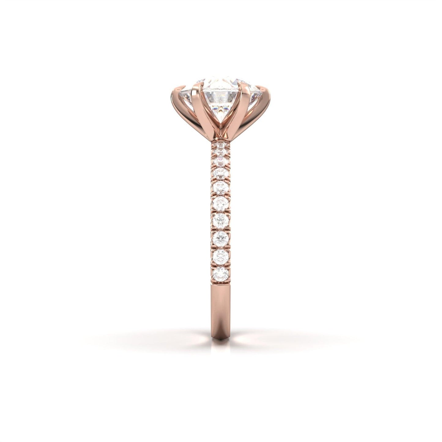 Round Solitaire 6 Claw Half Pavé Moissanite Ring - Moissanite Engagement Rings