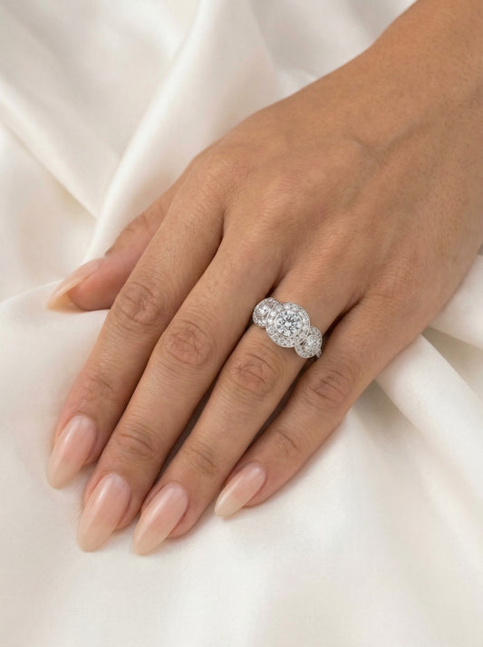 Round Trilogy Bezel Half Pavé Moissanite Engagement Ring