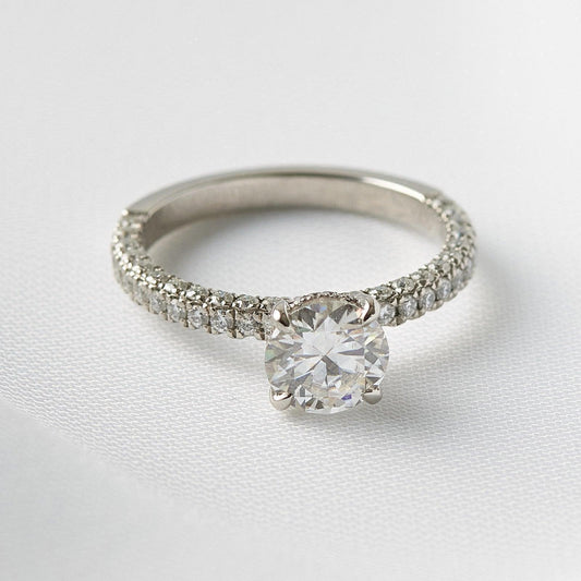 Round Triple Half Pavé & Hidden Halo Diamond Engagement Ring - Moissanite Engagement Rings