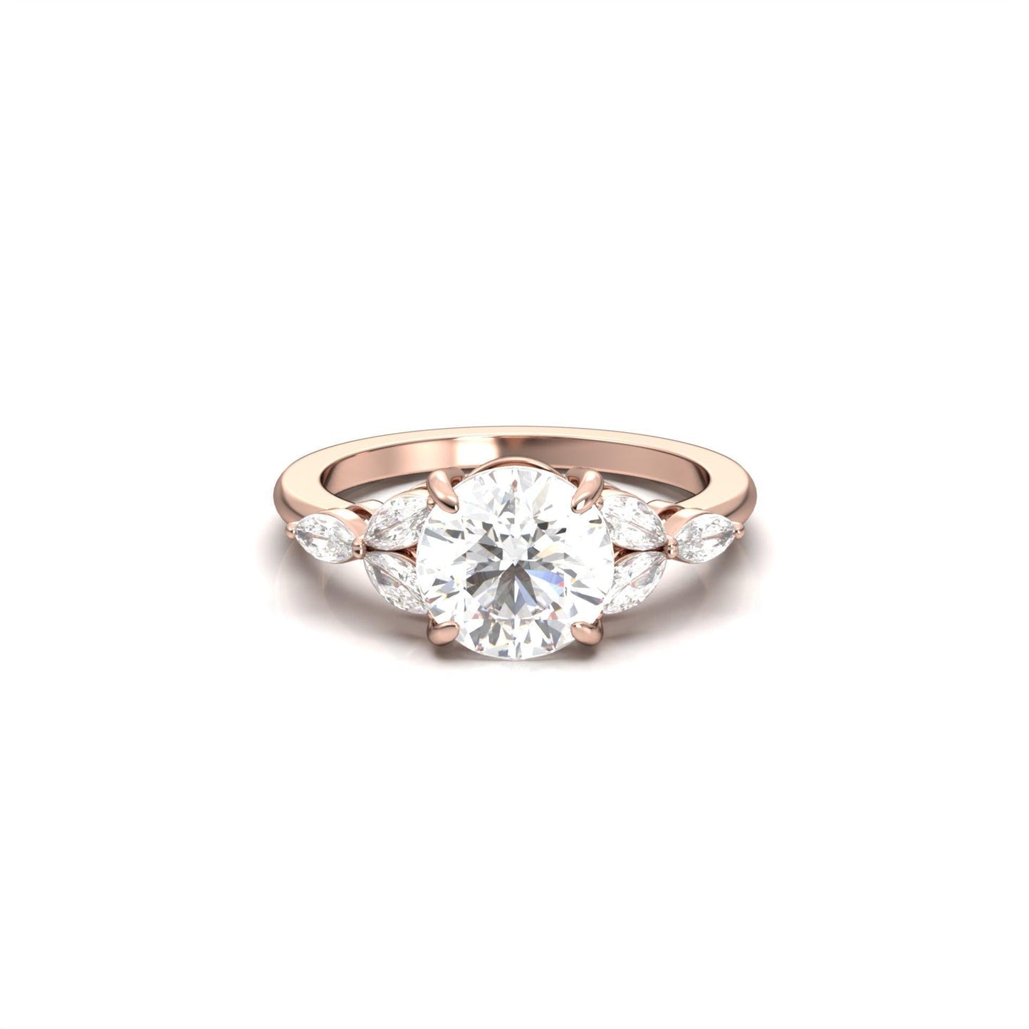 Round Triple Marquise Accent Stones Moissanite Engagement Ring - Moissanite Engagement Rings