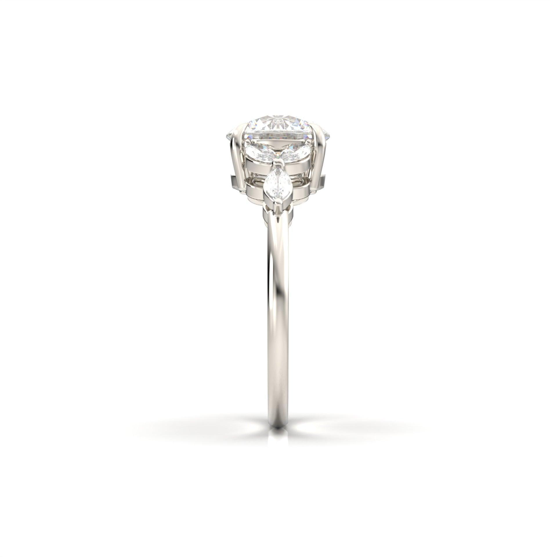 Round Triple Marquise Accent Stones Moissanite Engagement Ring - Moissanite Engagement Rings