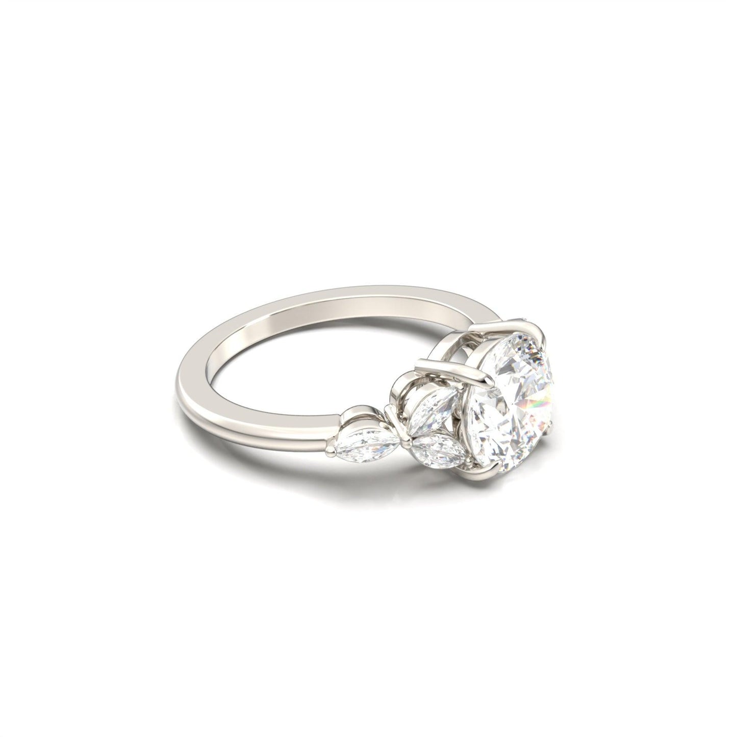 Round Triple Marquise Accent Stones Moissanite Engagement Ring - Moissanite Engagement Rings