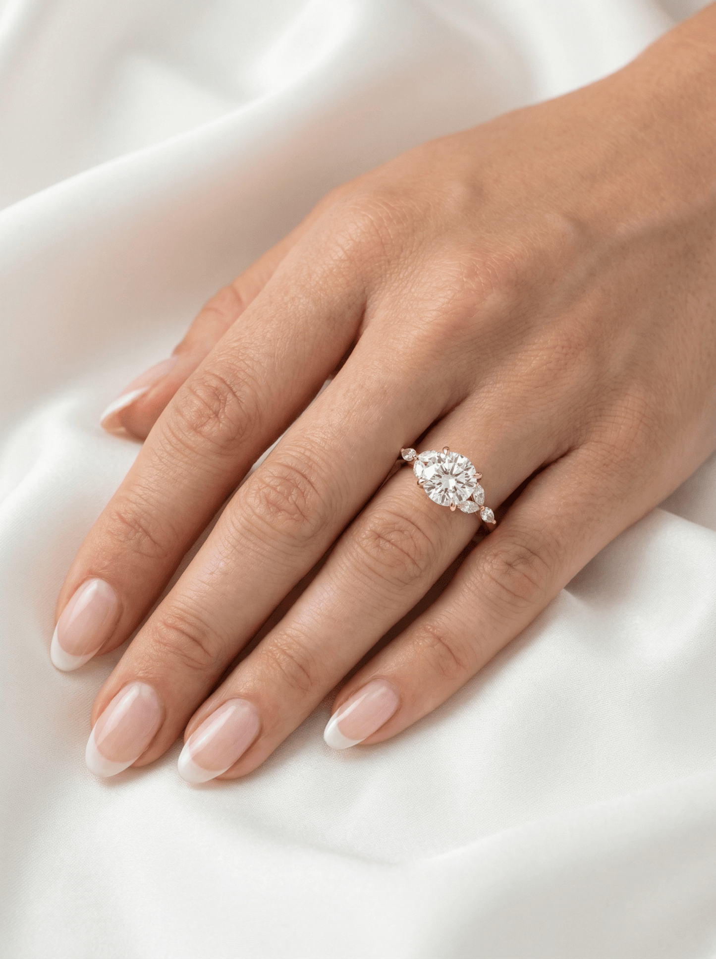 Round Triple Marquise Accent Stones Moissanite Engagement Ring - Moissanite Engagement Rings