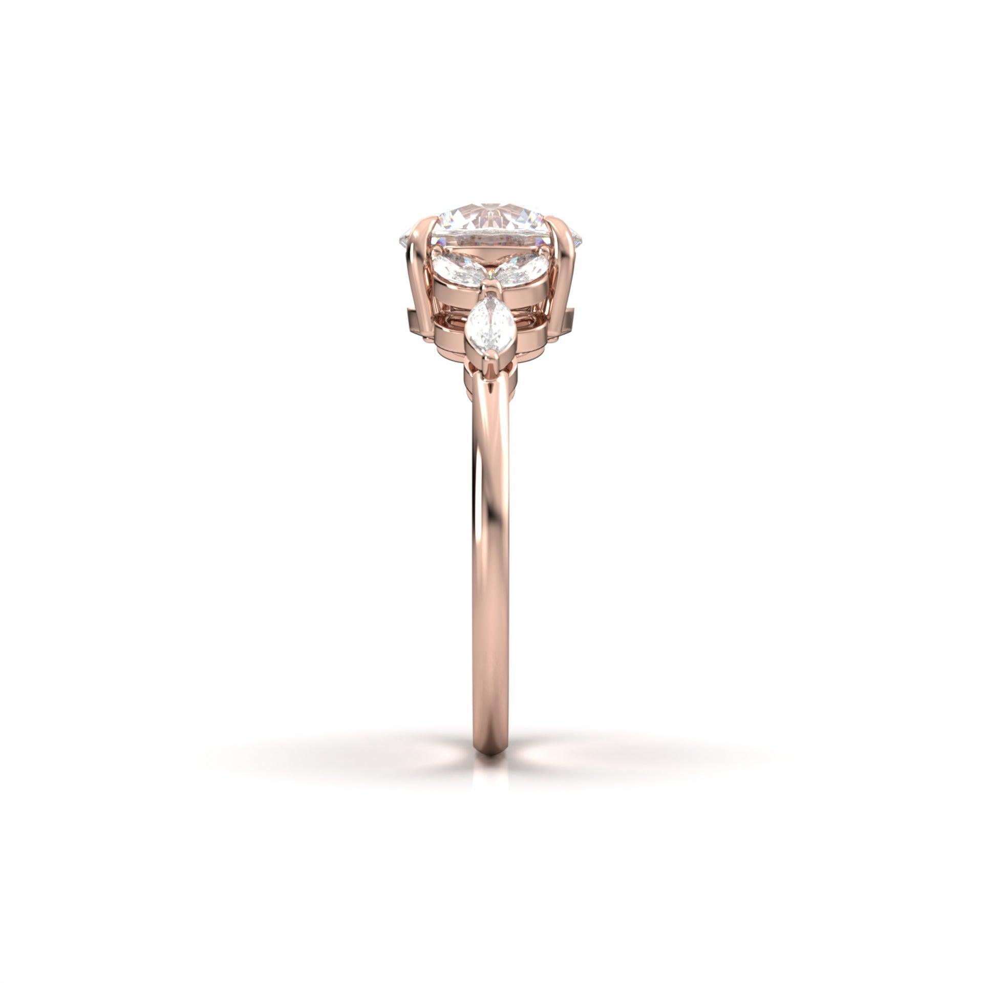 Round Triple Marquise Accent Stones Moissanite Engagement Ring - Moissanite Engagement Rings