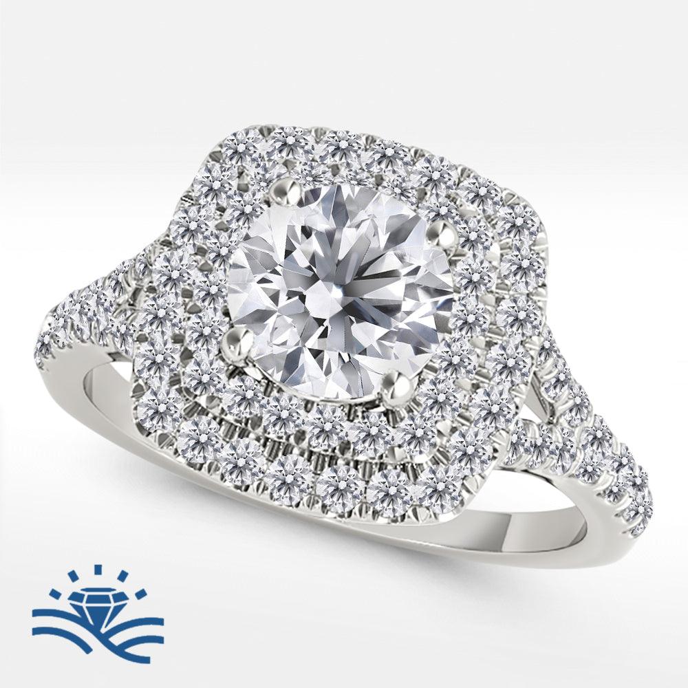 Round with Cushion Double Halo Micro-Pavé Moissanite Engagement Ring - Moissanite Engagement Rings
